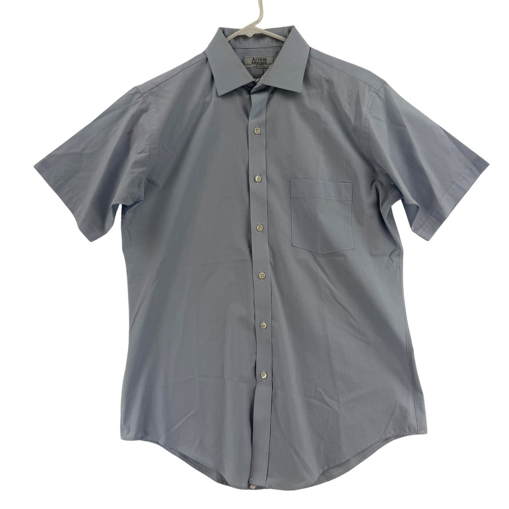 Vintage Arrow Brigade Mens 16 Blue Short Sleeve Button Up Fitted USA Dress Shirt
